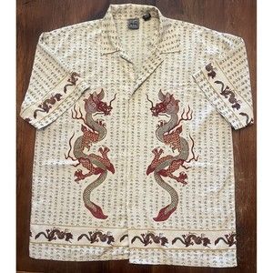 VTG Authentic Shaolin Mens XL Asian Style Print Cream With Bold Red Dragon